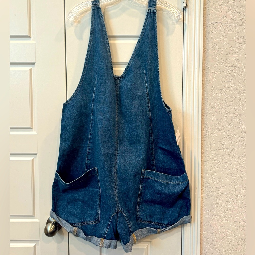 Free People Denim Short Romper in Medium Blue